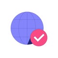 Globe With Checkmark Icon In Flat Vector Illustration Symbolizing Global Connectivity, Network Security, And Digital