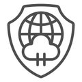 Globe with cloud on emblem line icon, data protection concept. Vector graphics. Shield with world globe and cloud sign