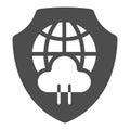 Globe with cloud on emblem solid icon, data protection concept. Vector graphics. Shield with world globe and cloud sign