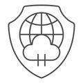 Globe with cloud on emblem thin line icon, data protection concept. Vector graphics. Shield with world globe and cloud