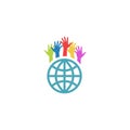 Globe and colorful hands up, mockup volunteer charity logo