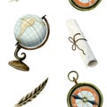 Globe, compass, paper scroll feather watercolor seamless pattern on white background for adventure and geography designs