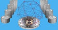 Globe of connections over stack of bitcoins against blue background. Royalty Free Stock Photo