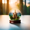 Globe containing medieval castle with blurred nature background