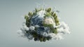 Earth globe with trees, wind turbines and solar panels surrounded by clouds in a light background Royalty Free Stock Photo