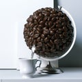 Globe created of coffee beans with mock-up poster behind 3d rend