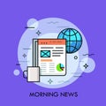 Globe, cup of coffee and electronic newspaper displayed on tablet screen. Morning news, online publication concept. Royalty Free Stock Photo