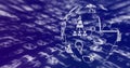 Globe of digital icons spinning against binary coding data processing on blue background Royalty Free Stock Photo