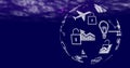Globe of digital icons spinning against binary coding data processing on blue background Royalty Free Stock Photo