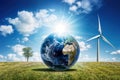 Earth Globe & Wind Turbine: Sustainable Energy in Harmony, generative ai