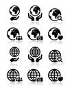 Globe earth with hands icons set with reflection Royalty Free Stock Photo