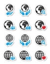 Globe earth with hands icons set Royalty Free Stock Photo