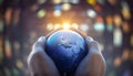 The globe Earth in the hands of man against the night city. Concept on business, politics, ecology and media. Earth day abstract Royalty Free Stock Photo