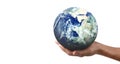 Globe , earth in human hand, holding our planet glowing.  image provided by Nasa Royalty Free Stock Photo