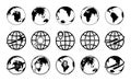 Globe earth icons. World maps with plane, arrow, network, location. Travel around planet. Global internet business. Symbol of Royalty Free Stock Photo