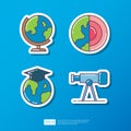 globe earth model, core of earth, graduation hat, telescope. geography knowledge and education flat sticker icon. science and Royalty Free Stock Photo