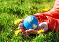 Globe on palms on green grass and yellow dandelions. World in the palm of your hand Royalty Free Stock Photo