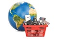 Globe Earth with shopping basket full of home and kitchen appliances, global shopping concept. 3D rendering Royalty Free Stock Photo