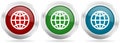 Globe, earth, world vector icon set. Red, blue and green silver metallic web buttons with chrome border Royalty Free Stock Photo