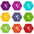 Globe and empty speech bubbles icon set color hexahedron Royalty Free Stock Photo