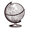 The Globe Engraved Isolated On White Background. Vintage World Map In Hand Drawn Style