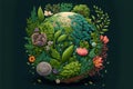 Globe with flowers overgrowing on black background, created using generative ai technology