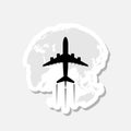 Globe with flying plane sticker icon isolated on gray background Royalty Free Stock Photo
