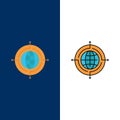 Globe, Focus, Target, Connected  Icons. Flat and Line Filled Icon Set Vector Blue Background Royalty Free Stock Photo