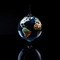 globe in the form of a falling drop of water on a black background.