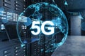 Globe with 5G hologram on blurry server room background. Technology, database and future concept. Double exposure. Royalty Free Stock Photo
