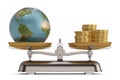Globe with gold coins on scales. 3D illustration. 3D render Royalty Free Stock Photo