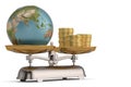 Globe with gold coins on scales. 3D illustration. 3D render Royalty Free Stock Photo