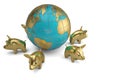 Globe and gold piggys on white background 3D illustration. Royalty Free Stock Photo