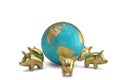 Globe and gold piggys on white background 3D illustration. Royalty Free Stock Photo