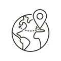 Globe with gps pin mark. Vector thin line icon for global transporation system, worldwide delivery, online internet shop service Royalty Free Stock Photo