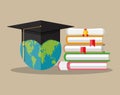 Globe, graduation cap, books, diploma. education
