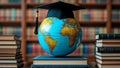 Globe with graduation cap on books in library Royalty Free Stock Photo