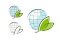 Globe with green leaves, logo. Eco, natural, organic icon or symbol. Vector graphics Royalty Free Stock Photo