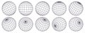 Globe grid spheres. Striped 3D spheres, geometry globe grid, earth latitude and longitude line grid vector symbols set Royalty Free Stock Photo