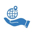 Globe on hand icon / blue design