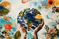 Globe in hands. Abstract modern collage using photos and illustrations of the Earth, leaves, flowers, abstract spots Royalty Free Stock Photo