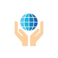 Globe with hands - concept icon design. Save ecology planet earth. Vector illustration. Royalty Free Stock Photo