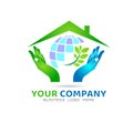 Globe in hands with green leaf icon family union, love care in hands logo