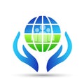 Globe and hands people logo icon concept save and care earth and people on white background