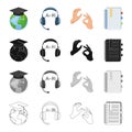 Globe in a hat, interpreter`s headphones, gestures with hands, notepad with bookmarks. Interpreter set collection icons