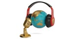 Globe with headphone and microphone creative concept 3d illustration. Royalty Free Stock Photo