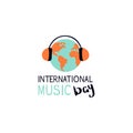 The globe in headphones. International Music Day. Vector illustration Royalty Free Stock Photo