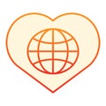 Globe in heart flat icon. Planet with heart orange icons in trendy flat style. Love world gradient style design
