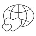 Globe and hearts thin line icon, charity concept, Earth love heart sign on white background, peace or donation in the Royalty Free Stock Photo