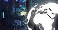 Globe highlighting Europe and Africa in data center, with server rack and LED lights, copy space Royalty Free Stock Photo
